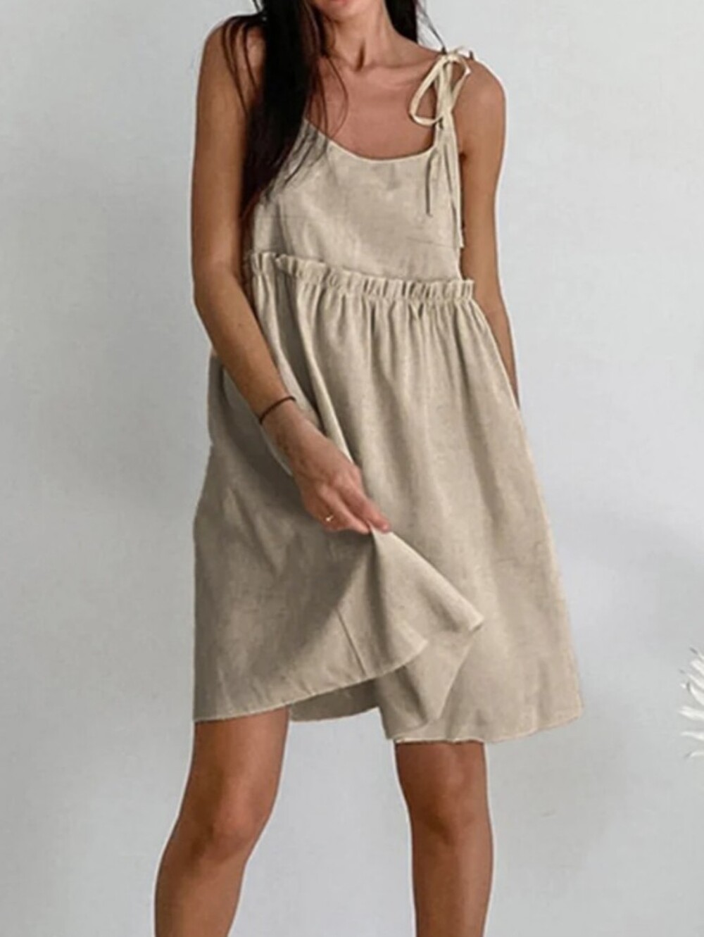 Commense Levanzo Short Dress Sleeveless Tie-Shoulder Cotton Linen Blend Beige